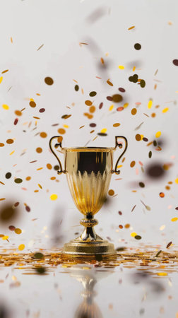 Golden trophy with colorful confetti suspended mid-air, set against a simple white backdropの素材