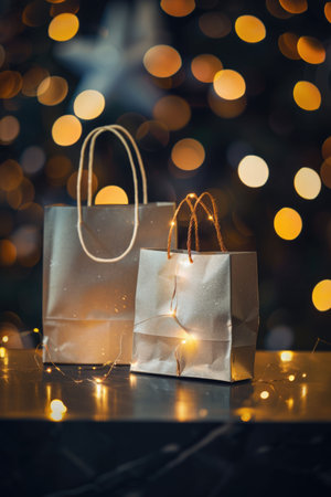 Golden bokeh lights surround a simple paper shopping bag with handles, creating a festive and warm atmosphere in a dimly lit settingの素材