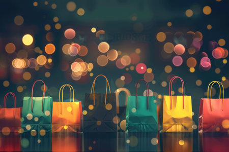 Brightly wrapped gift boxes and sparkling golden bokeh lights, creating a festive holiday atmosphereの素材