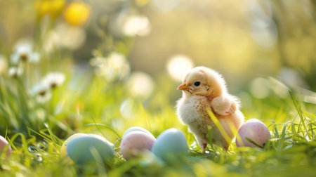 Two small chicks sitting in grass, surrounded by fresh flowers and vibrant spring sceneryの素材