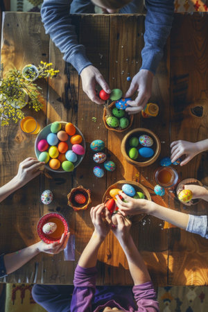 Bright and dynamic scene of hands assembling colorful geometric pieces, emphasizing creativity and teamwork in craftingの素材