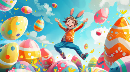 A joyful child jumping in a vibrant, colorful fantasy landscape filled with floating elements and bright cloudsの素材