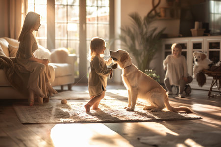Golden retrievers lying on the floor while children play in the background, a warm and family-oriented moment in a cozy homeの素材