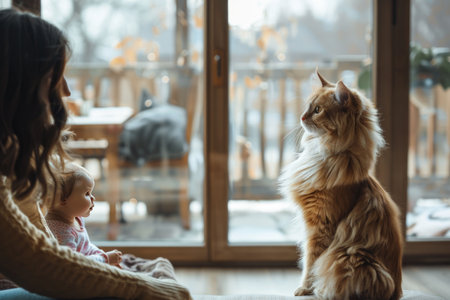 Golden retriever and poodle sitting attentively by the window, bathed in soft natural light, creating a tranquil indoor sceneの素材