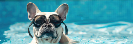 A dog swimming in a clear blue pool, with water splashing around and a playful expressionの素材