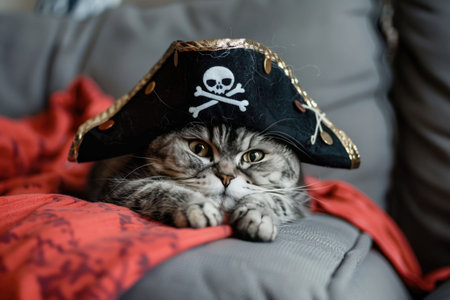 Tabby cat wearing a pirate hat while lying on a red blanket, playful and quirky themeの素材