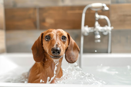 Dachshund sitting in a bathtub surrounded by soap bubbles with a curious and calm expressionの素材