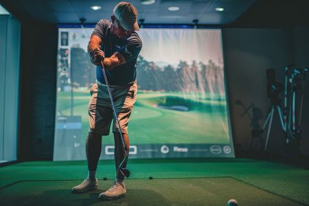 A focused golfer taking a swing in a golf simulator with dramatic shadows and warm lightingの素材