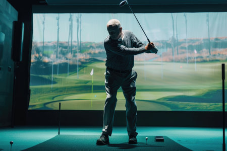 Silhouette of a golfer in an indoor simulator, standing poised against a virtual golf course on a large screen, capturing a moment of focusの素材