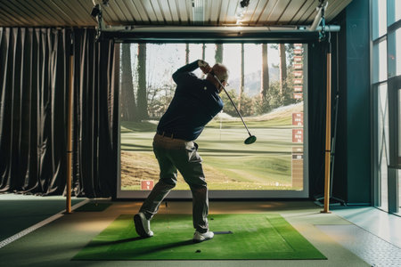 Golfer practicing his swing in a semi-open simulator with a view of nature and soft natural lighting enhancing the atmosphereの素材