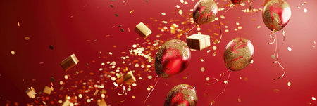 Shimmering golden particles swirling gracefully against a vibrant red background, creating a festive moodの素材
