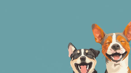 Two smiling dogs with ears perked up against a blue backgroundの素材