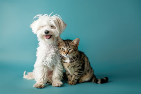 A white fluffy dog and a striped kitten sitting together on a turquoise background, looking playful and friendlyの素材