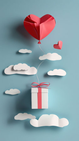Red balloon heart tied to a small white gift box floating in the skyの素材