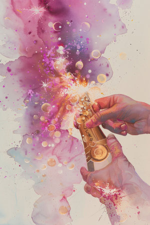 A glowing hand reaching out, surrounded by an explosion of vibrant pink, purple, and golden hues in a dynamic, dreamlike background.の素材