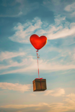 Red heart balloon floating above the ground, pulling a gift box under a cloudy sunset skyの素材