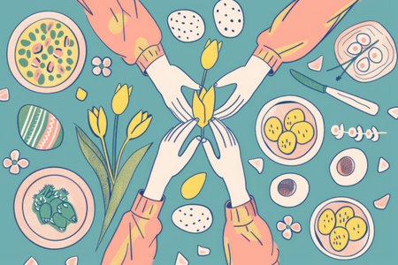 Stylized yellow tulips with abstract patterns and blue-green leaves in vibrant art designの素材