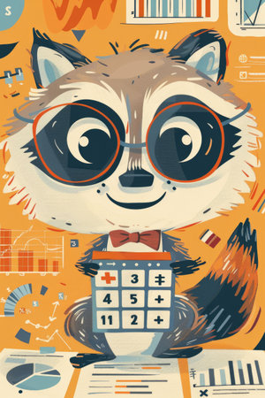 A cartoon raccoon in a retro futuristic outfit, holding a device with a playful expressionの素材