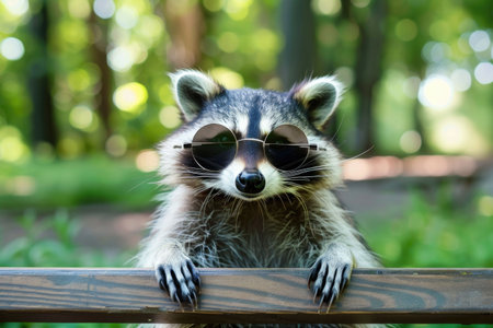 A raccoon sitting on a wooden bench in a park, surrounded by lush greenery and sunlightの素材
