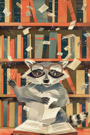 A raccoon reading a book in a colorful library, portraying a love for knowledgeの素材