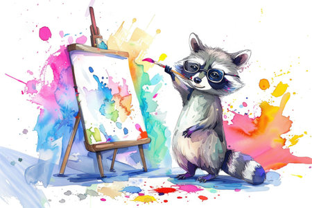Playful raccoon painting abstract artwork surrounded by paint cans and splashes of colorの素材