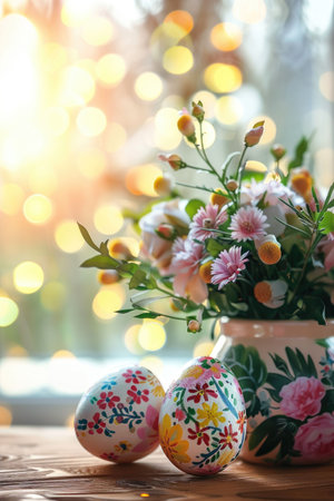 Delicate pink flowers in a vase on a wooden table with Easter eggs, golden sunlight streaming through, creating a cozy spring feelingの素材