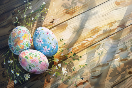 Vividly painted Easter eggs resting on aged wooden boards, accented by soft floral details and greeneryの素材