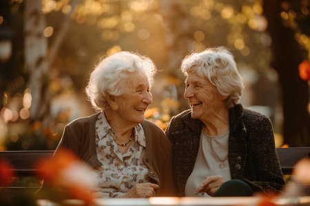 Two elderly women smiling and enjoying a peaceful moment together on a bench in a sunlit park, surrounded by warm autumn colors and bokeh effects.の素材