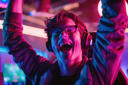 A cyberpunk character dancing under neon lights in a vibrant futuristic settingの素材