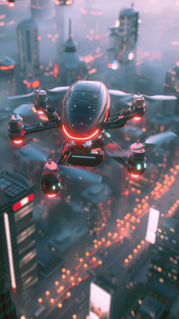 A glowing futuristic drone flying amidst a foggy cityscape with neon skyscrapers and cyberpunk vibesの素材