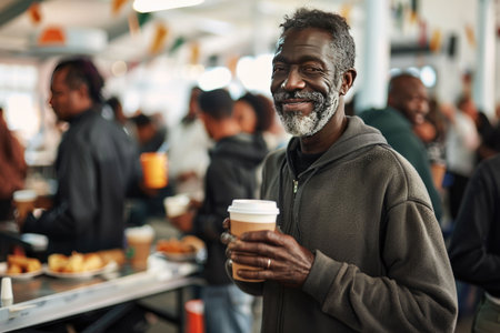 A community dining hall with diverse people enjoying meals together, smiling and engaging in conversationの素材