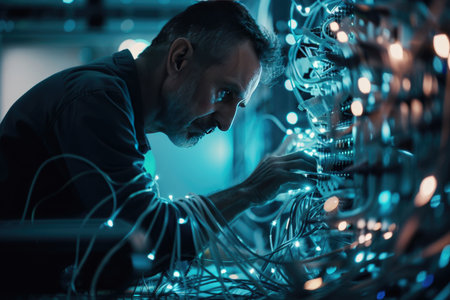 A technician working on a futuristic server room with glowing blue lights and holographic interfaceの素材