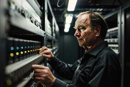 A determined man in a cyberpunk setting, cautiously holding a gun while scanning the high-tech surroundingsの素材