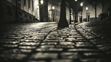 Empty cobblestone street at night with glowing streetlights in black and whiteの素材