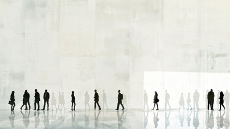 Minimalistic city scene with distant silhouettes against a bright, modern backgroundの素材