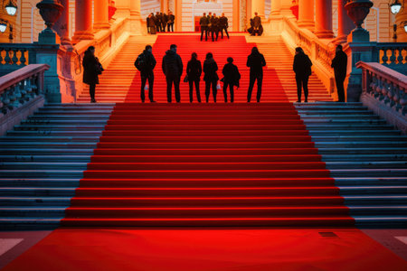 A dramatic blue and red staircase with silhouetted figures, leading to an illuminated grand hallの素材