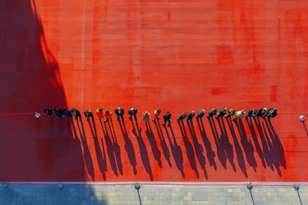 Rows of people in black suits standing against a red backdrop, creating a striking visual contrastの素材
