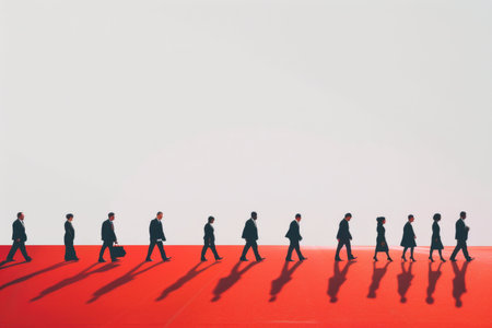 A line of people walking in an abstract setting with a red and white minimalistic backgroundの素材
