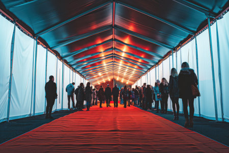 A tunnel-like architectural space with a red carpet and dramatic blue lighting, creating a futuristic atmosphereの素材