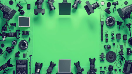 Top-down view of a futuristic green-lit workspace with modern designの素材