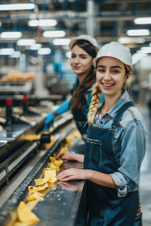 Female workers in a food processing factory sorting and packaging products on a conveyor beltの素材