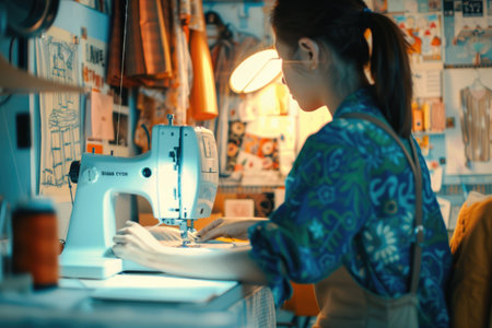 Seamstress adjusting blue fabric on mannequin under warm studio lightingの素材