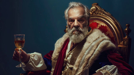 Elderly king holding a glass, wearing a red robe, lit dramatically in shadowsの素材