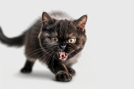 Black cat walking with a fierce look, glowing yellow eyes, and sleek fur on a bright white background with soft shadows emphasizing its movementの素材