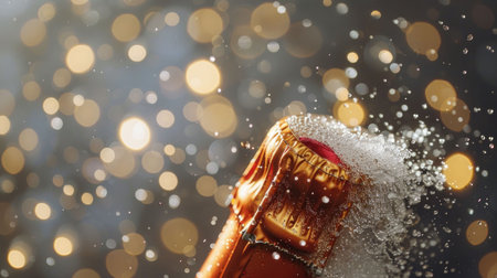 Golden champagne bottle tilted with sparkling liquid pouring out surrounded by glowing festive bokeh lightsの素材