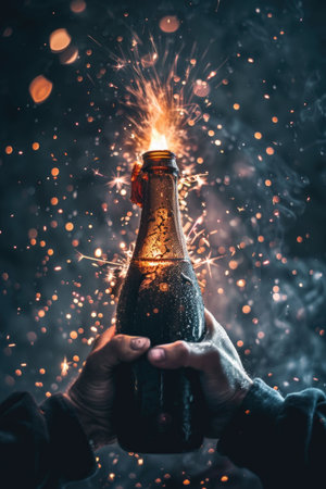Champagne bottle uncorking with golden sparks bursting against a dark festive background with glowing bokehの素材