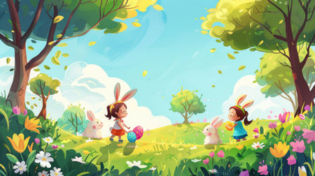 Two children wearing bunny ears play in a colorful meadow with Easter eggs and fluffy rabbits under a bright, sunny skyの素材