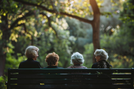 Elderly women sitting on a park bench in a serene forest setting, surrounded by lush greenery and warm sunlight filtering through the treesの素材