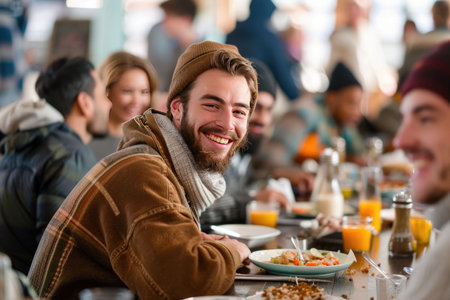 A cheerful man sitting in a crowded dining area, surrounded by warm light and lively conversationsの素材
