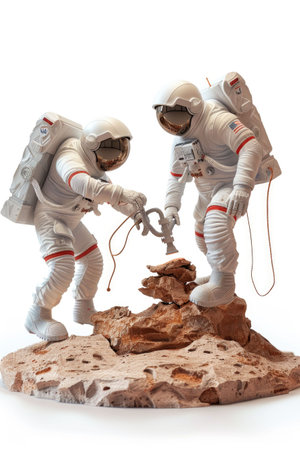Astronaut duo analyzing samples on red rocky alien surfaceの素材